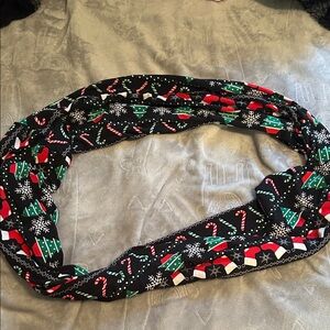 Women’s Black Holiday Infinity Scarf with Candy Cane & Tree Print